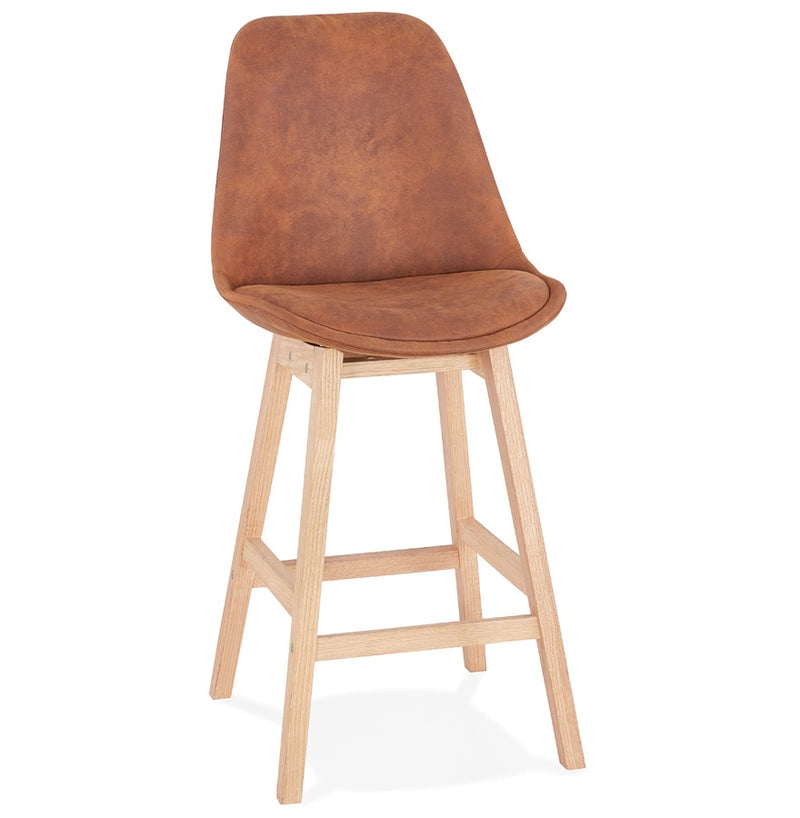 Halfhoge barkruk 'ASPEN MINI' in bruine microfiber en poten in hout met natuurlijke afwerking - Majorr