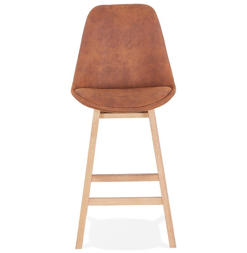 Halfhoge barkruk 'ASPEN MINI' in bruine microfiber en poten in hout met natuurlijke afwerking - Majorr