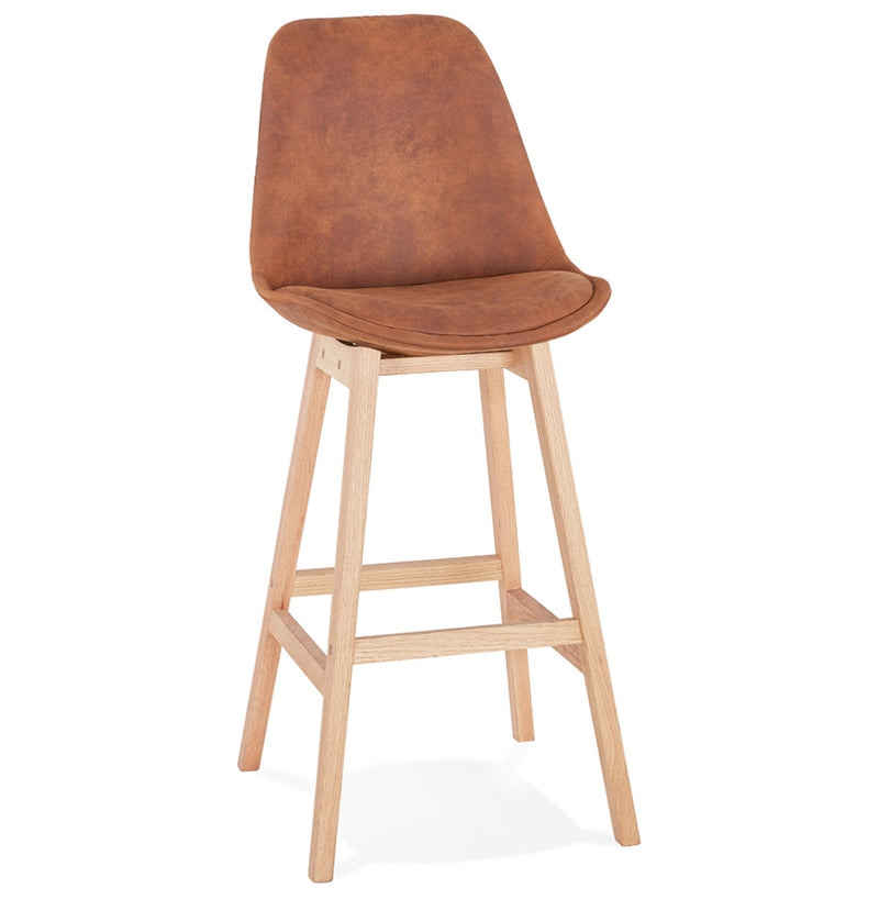 Barkruk 'ASPEN' in bruine microfiber en poten in hout met natuurlijke afwerking - Majorr