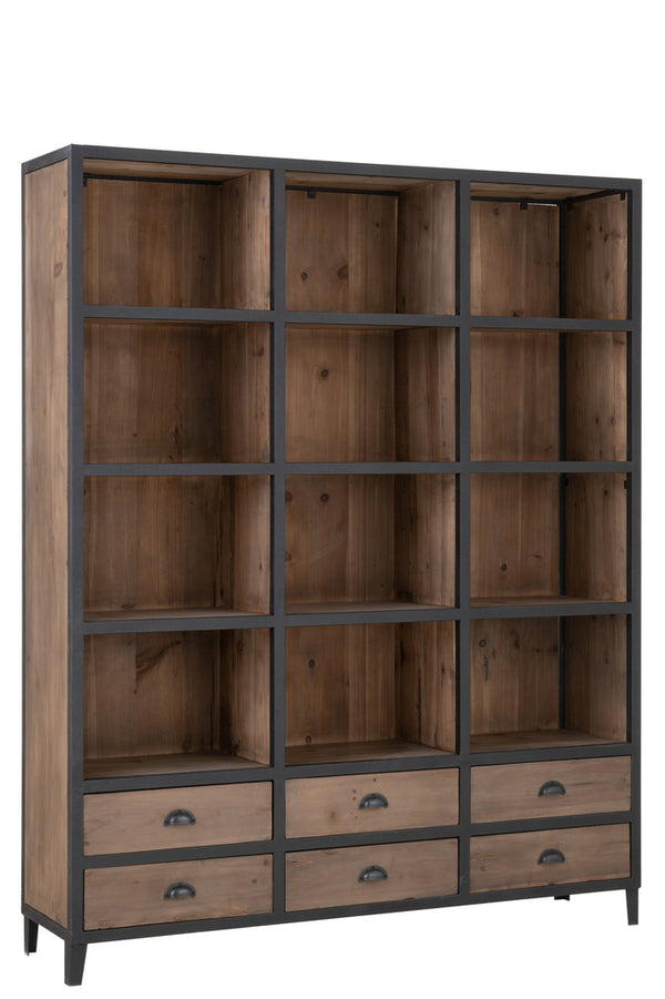 Bookcase 12 Compartments 6 Drawers Wood/Metal Natural/Black - Majorr