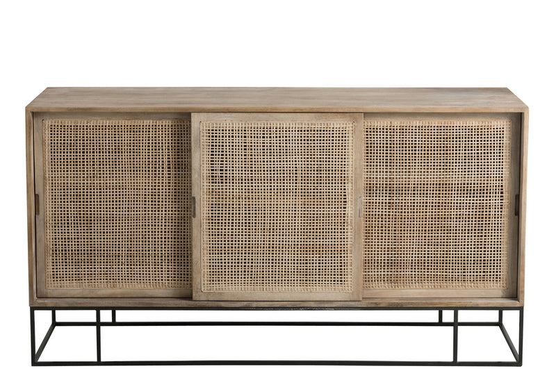 Cabinet 3Sliding Doors Woven Reed Mango Wood Natural - Majorr