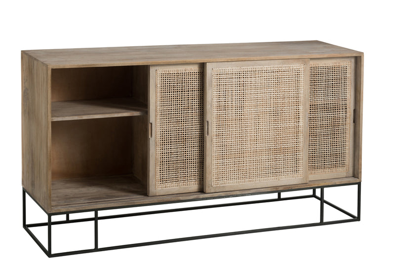 Cabinet 3Sliding Doors Woven Reed Mango Wood Natural - Majorr