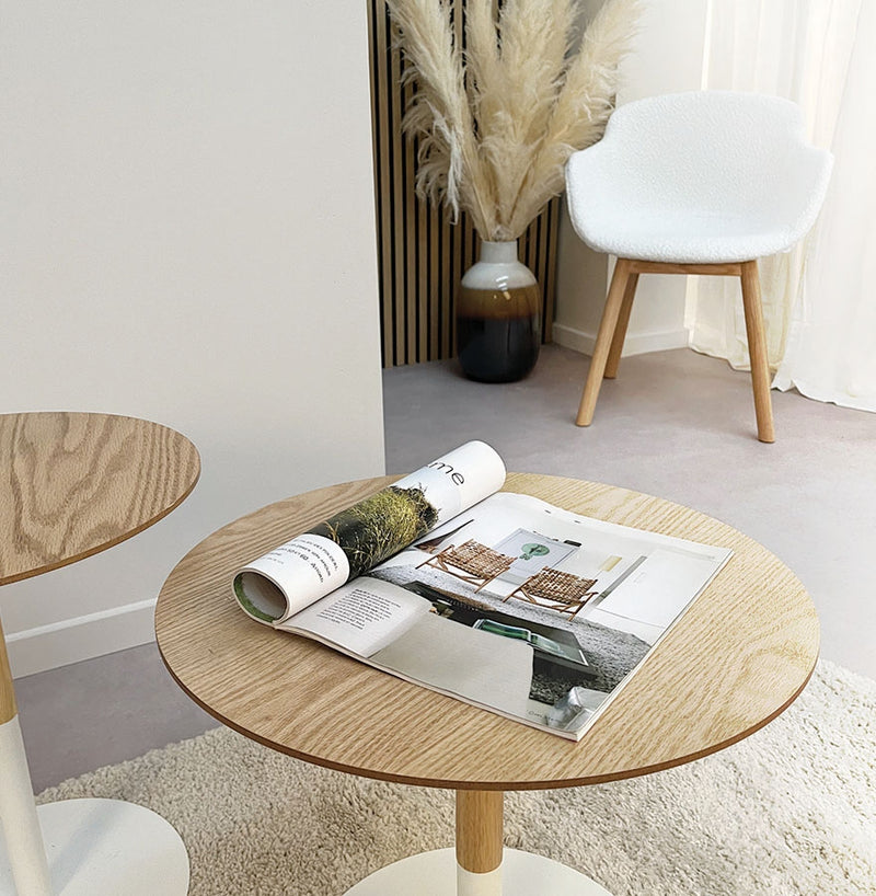 Ronde design salontafel 'DILA H40' in natuurlijke houtafwerking en wit metaal - Majorr