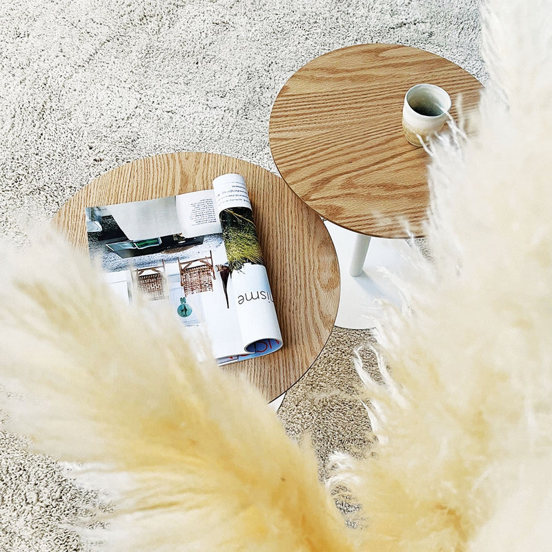 Ronde design salontafel 'DILA H40' in natuurlijke houtafwerking en wit metaal - Majorr