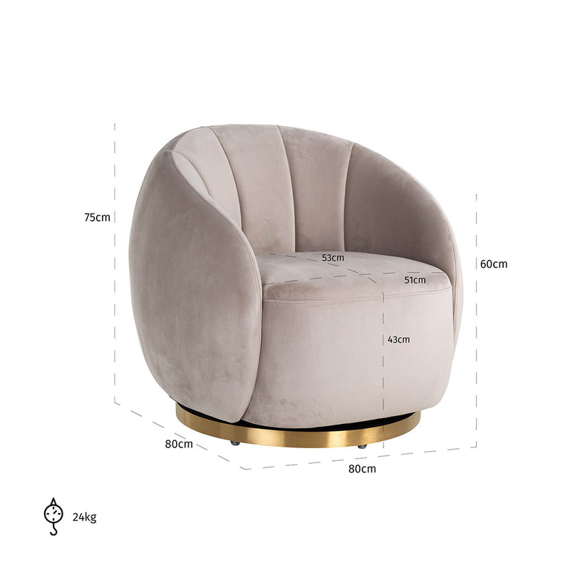 Draaifauteuil Jago khaki velvet / brushed gold - Majorr