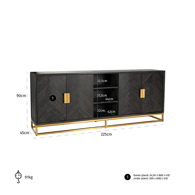 Dressoir Blackbone gold 4-deuren + open vak (Black rustic) - Majorr