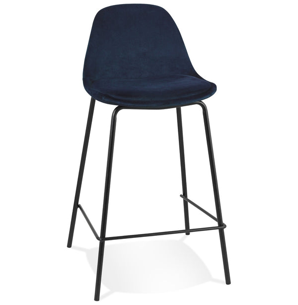 Tabouret mi-hauteur « FENTON MINI » en velours bleu avec pieds en métal noir