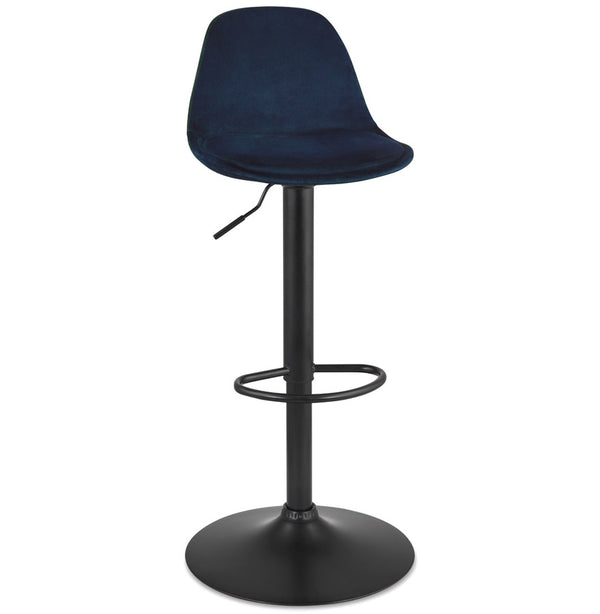 Tabouret réglable 'FINLEY' en velours bleu avec pied en métal noir