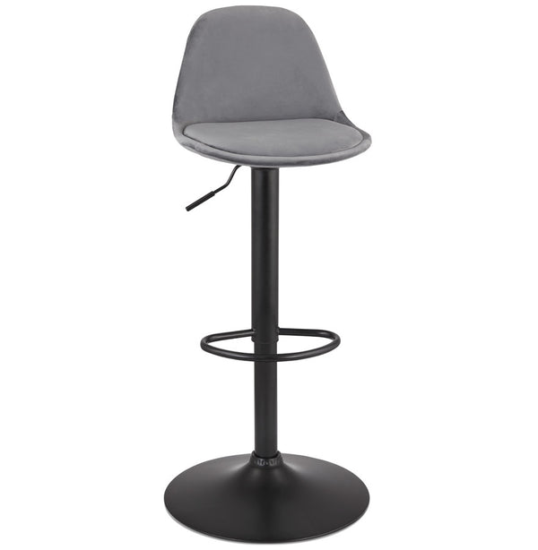 Tabouret réglable 'FINLEY' en velours gris avec pied en métal noir