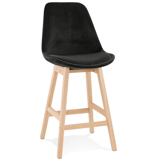 Halfhoge kruk 'MORISS MINI' in fluweel zwart met poten in natuurlijk hout - Majorr