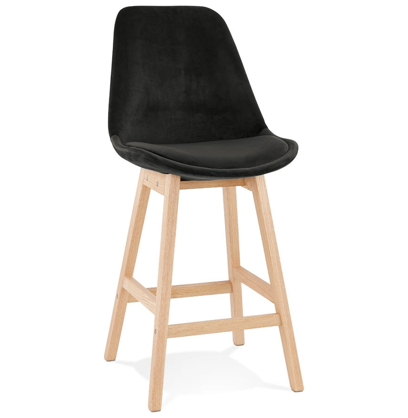Halfhoge kruk 'MORISS MINI' in fluweel zwart met poten in natuurlijk hout - Majorr