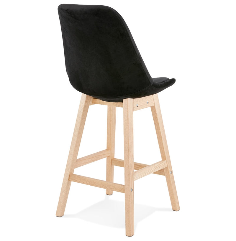 Halfhoge kruk 'MORISS MINI' in fluweel zwart met poten in natuurlijk hout - Majorr
