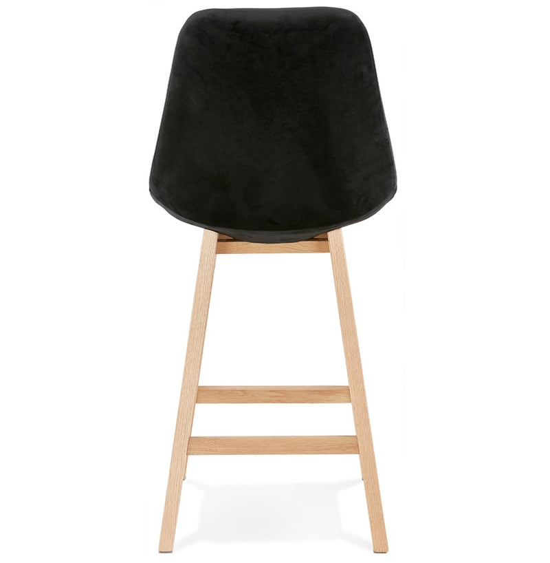 Halfhoge kruk 'MORISS MINI' in fluweel zwart met poten in natuurlijk hout - Majorr