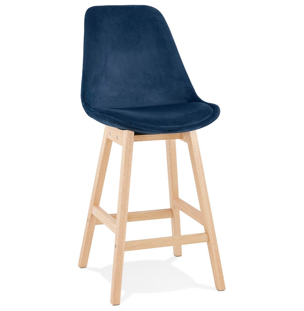 Halfhoge kruk 'MORISS MINI' in fluweel blauw met poten in natuurlijk hout - Majorr
