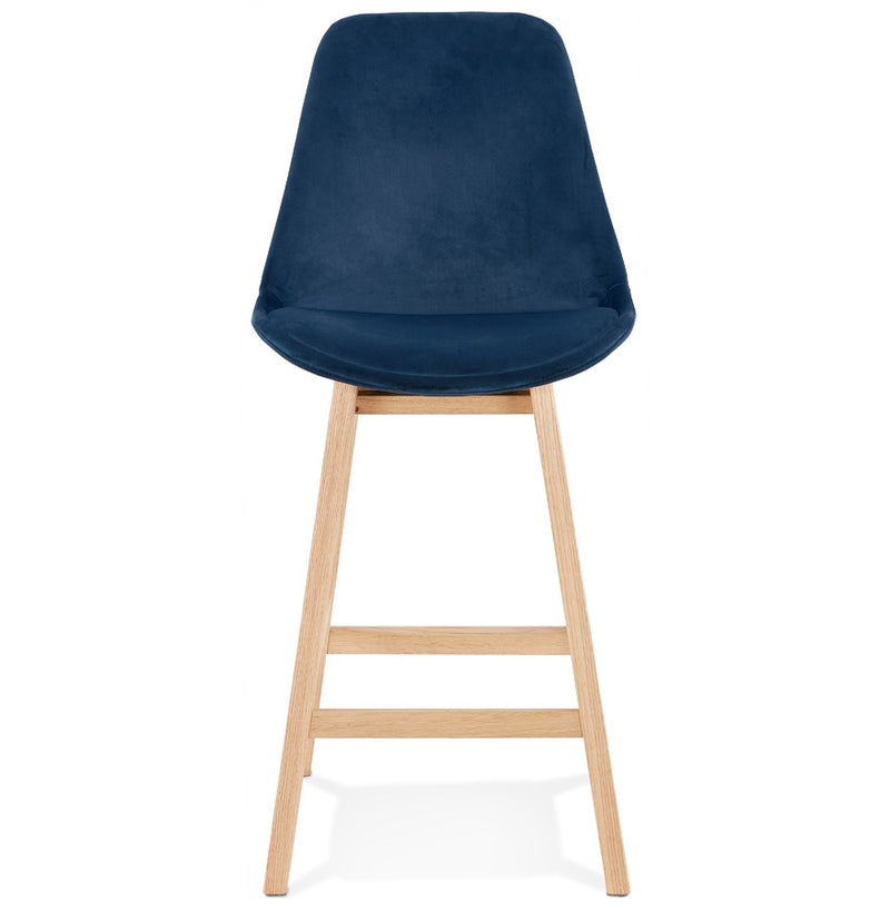 Halfhoge kruk 'MORISS MINI' in fluweel blauw met poten in natuurlijk hout - Majorr