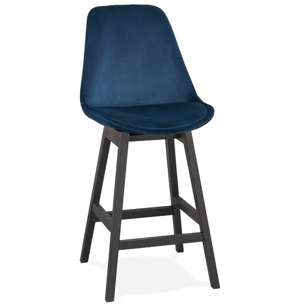 Halfhoge design barkruk 'MORISS MINI' in blauw fluweel en poten in zwart hout - Majorr