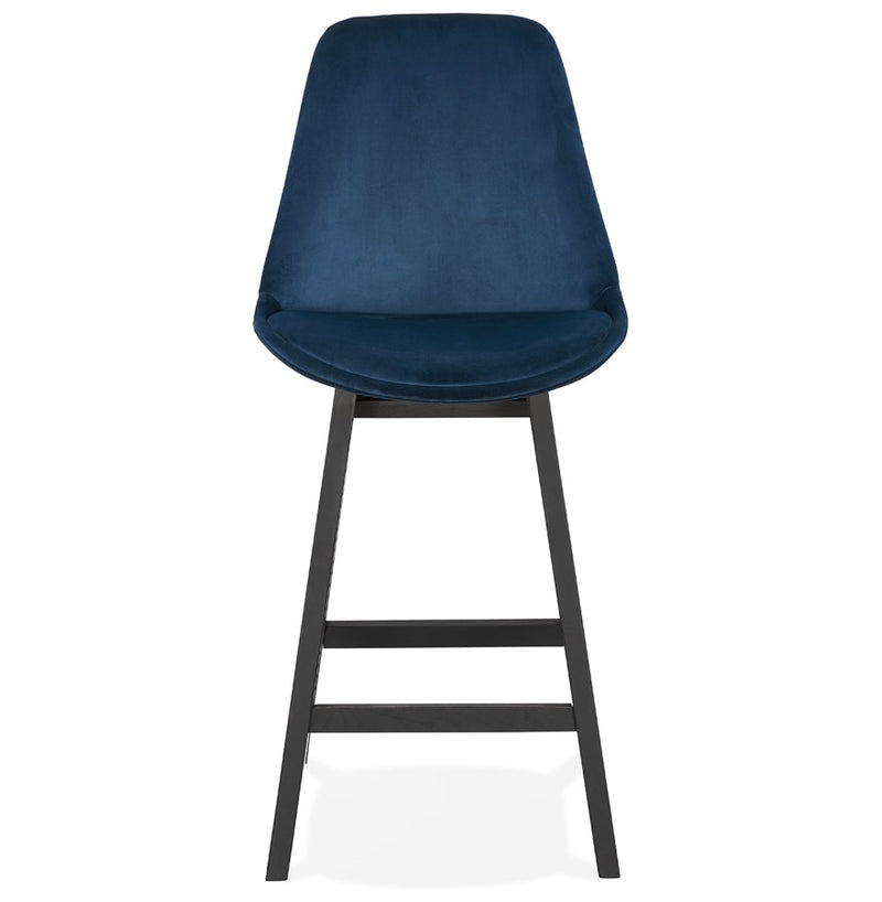 Halfhoge design barkruk 'MORISS MINI' in blauw fluweel en poten in zwart hout - Majorr