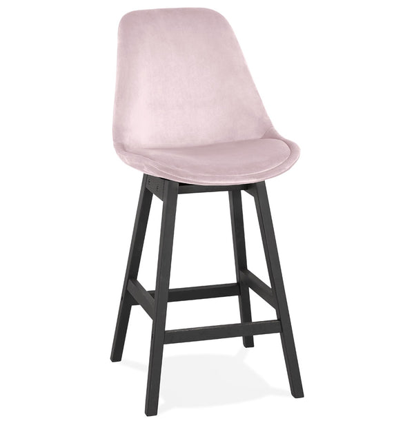 Halfhoge design barkruk 'MORISS MINI' in roze fluweel en poten in zwart hout - Majorr