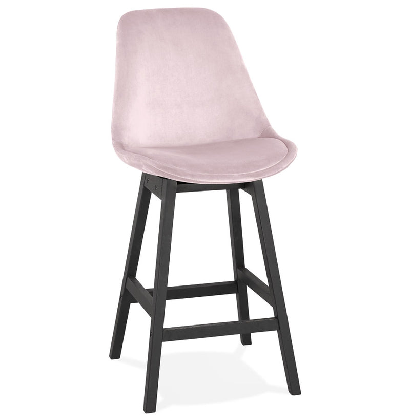 Halfhoge design barkruk 'MORISS MINI' in roze fluweel en poten in zwart hout - Majorr