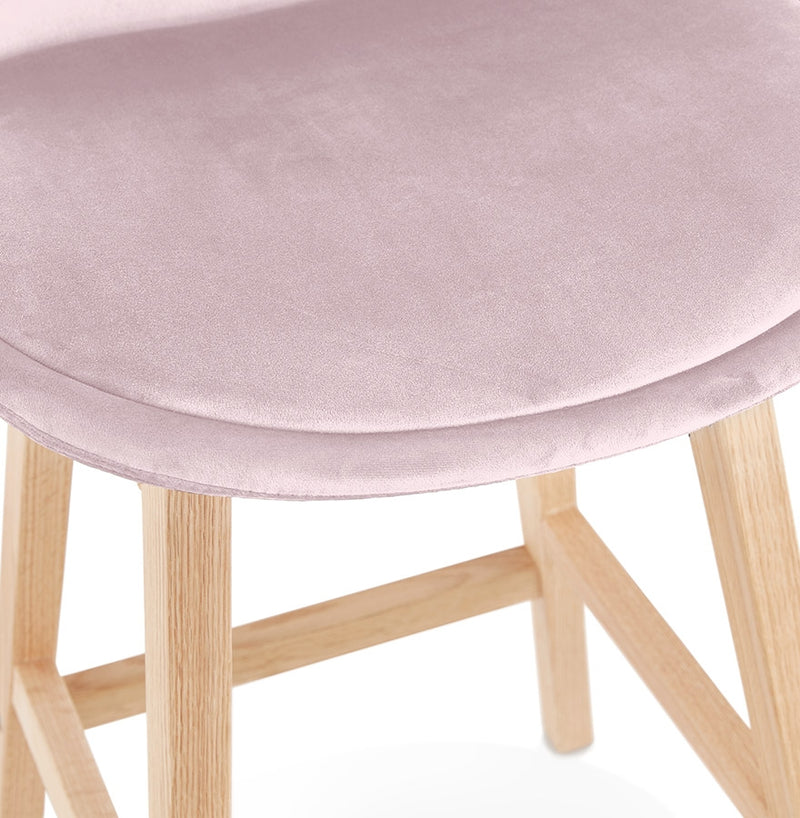 Halfhoge kruk 'MORISS MINI' in roze fluweel met poten in natuurlijk hout - Majorr