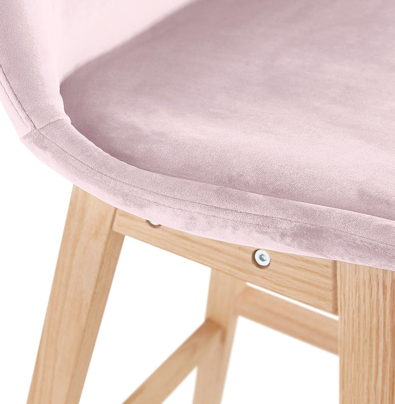 Halfhoge kruk 'MORISS MINI' in roze fluweel met poten in natuurlijk hout - Majorr