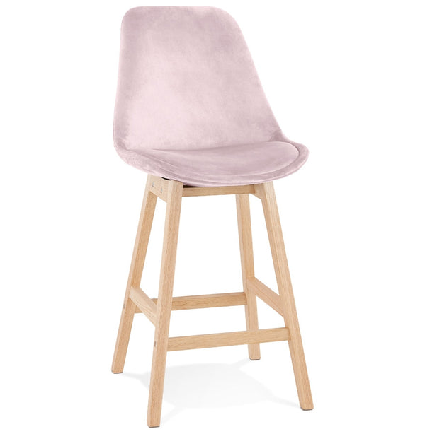 Halfhoge kruk 'MORISS MINI' in roze fluweel met poten in natuurlijk hout - Majorr