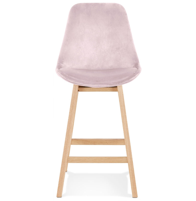 Halfhoge kruk 'MORISS MINI' in roze fluweel met poten in natuurlijk hout - Majorr