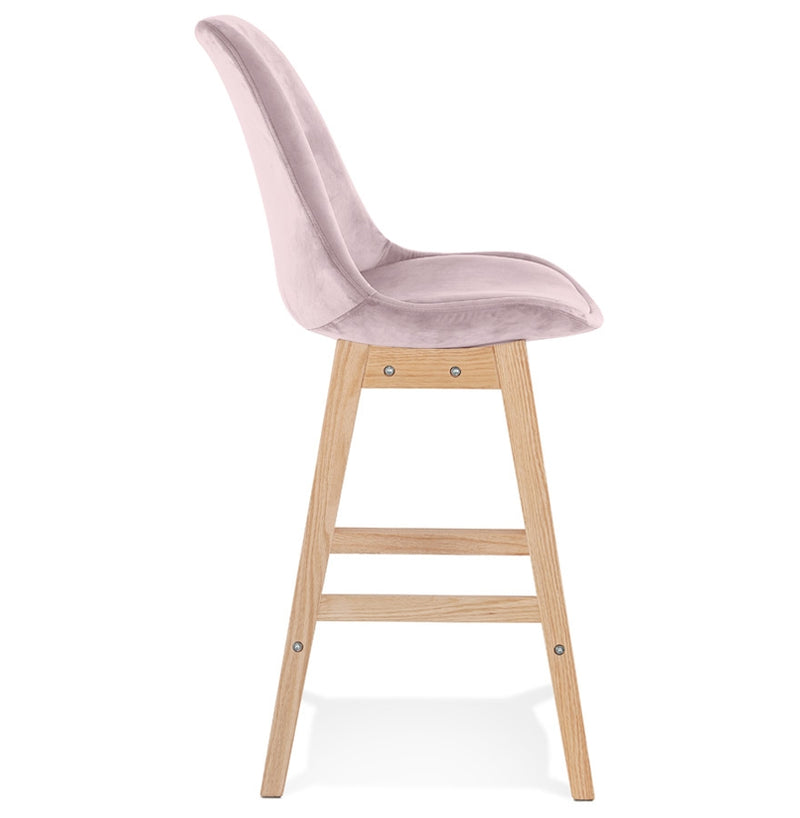 Halfhoge kruk 'MORISS MINI' in roze fluweel met poten in natuurlijk hout - Majorr