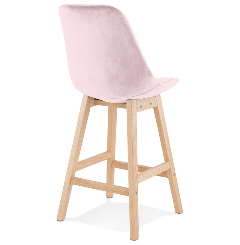 Halfhoge kruk 'MORISS MINI' in roze fluweel met poten in natuurlijk hout - Majorr
