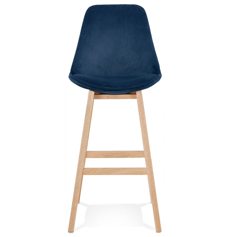 Barkruk 'MORISS' in blauw fluweel met poten in natuurlijk hout - Majorr