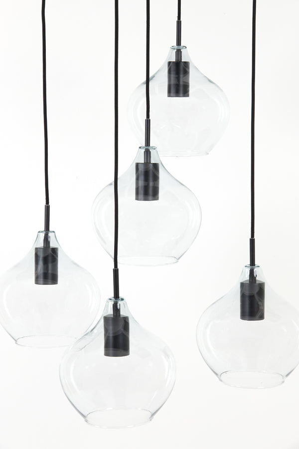 Hanging lamp 5L 61x66 cm RAKEL matt black+clear - Majorr