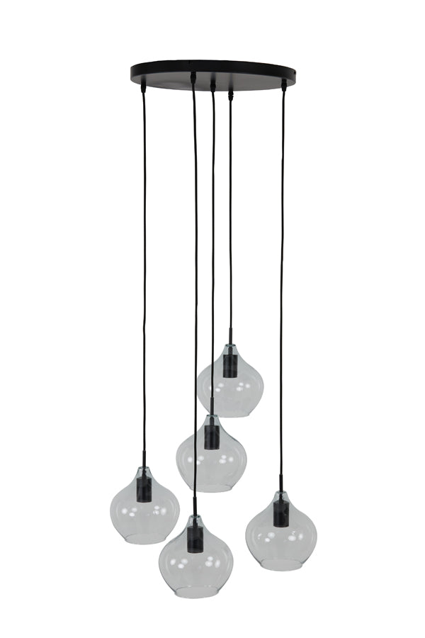 Hanging lamp 5L 61x66 cm RAKEL matt black+clear - Majorr