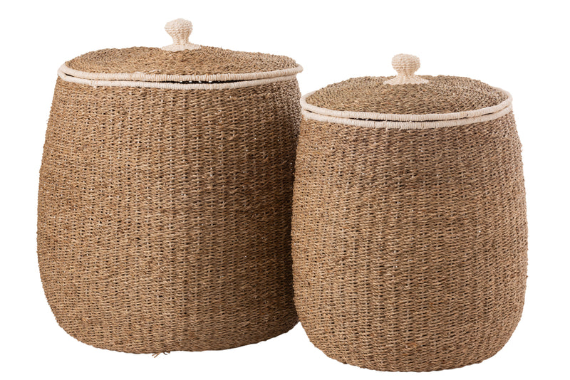 Set Of 2 Basket+Lid White Border Paper Brown - Majorr