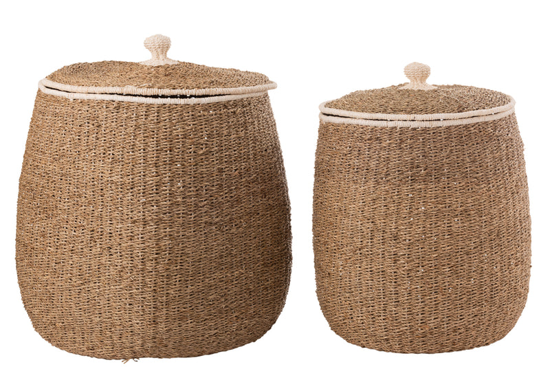 Set Of 2 Basket+Lid White Border Paper Brown - Majorr