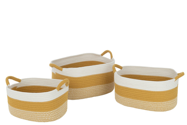 Set Of 3 Coil Basket Rectangle Stripes+Handles Textile White/Orange