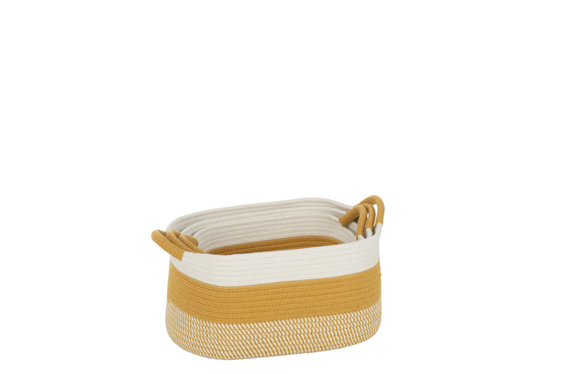 Set Of 3 Coil Basket Rectangle Stripes+Handles Textile White/Orange
