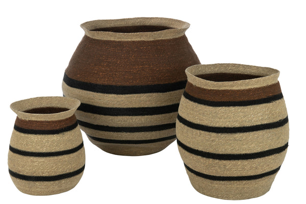 Set Of 3 Baskets Round Striped Marie Seagrass Brown Black - Majorr