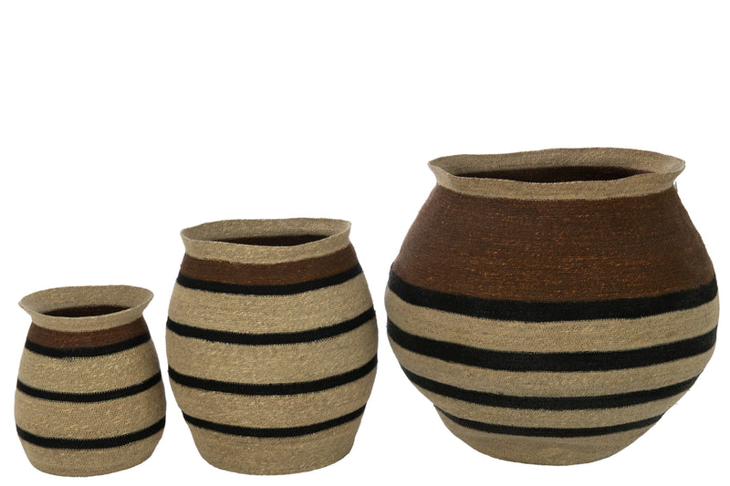 Set Of 3 Baskets Round Striped Marie Seagrass Brown Black - Majorr