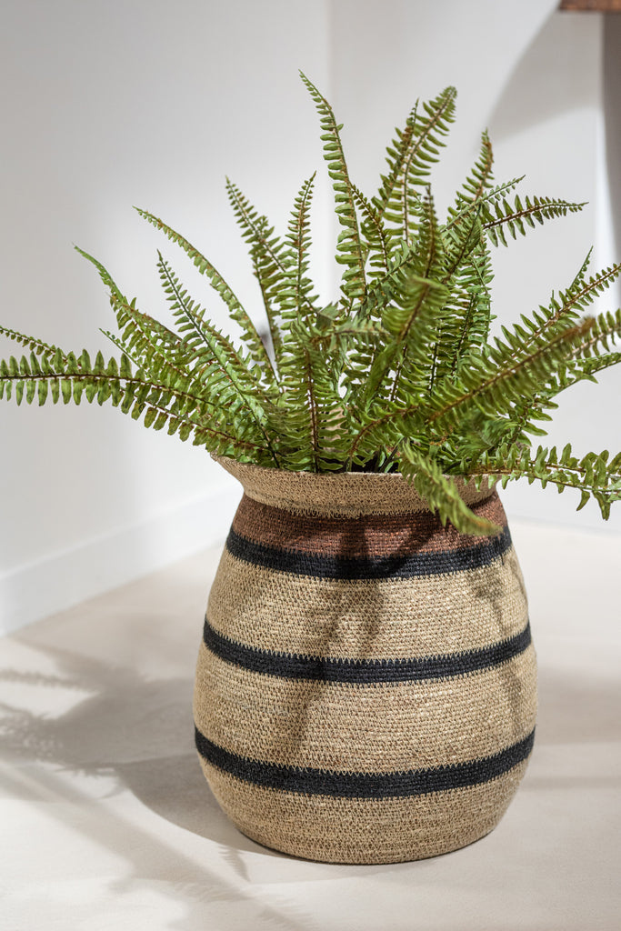 Set Of 3 Baskets Round Striped Marie Seagrass Brown Black - Majorr