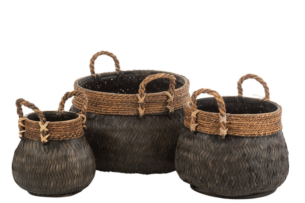 Set Of 3 Baskets+Handle Ball Bamboo+Rope Black - Majorr