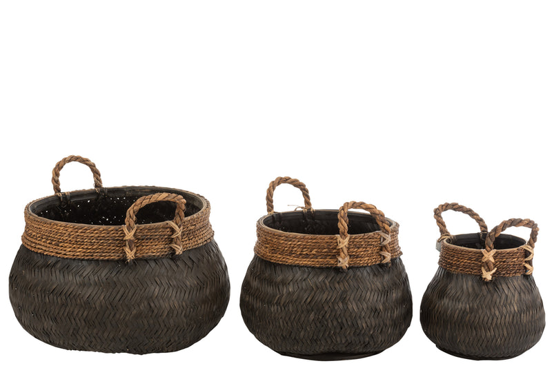 Set Of 3 Baskets+Handle Ball Bamboo+Rope Black - Majorr