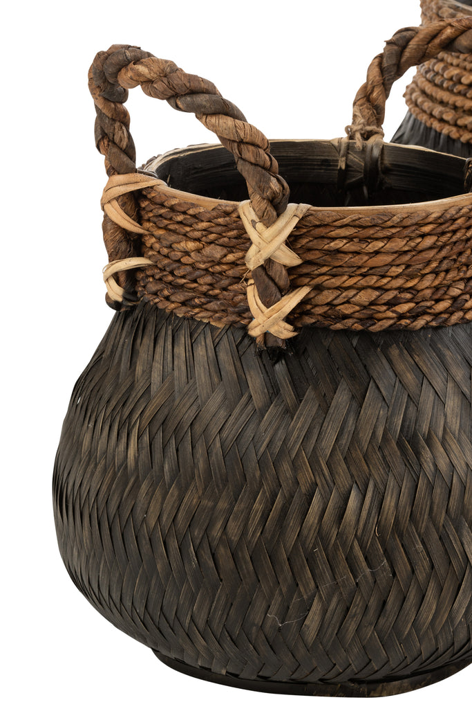 Set Of 3 Baskets+Handle Ball Bamboo+Rope Black - Majorr