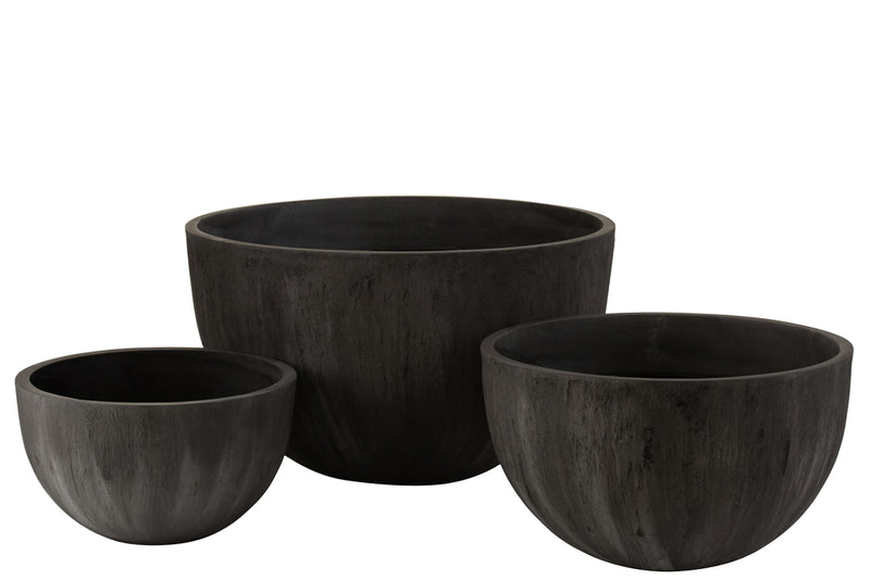 Set Of 3 Flowerpots Round Ceramic Low Black - Majorr