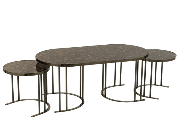 Set Of 3 Side Table Oval Silver/Brown Metal - Majorr