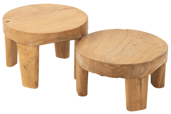 Set Of 2 Table Round Teak Wood Natural - Majorr