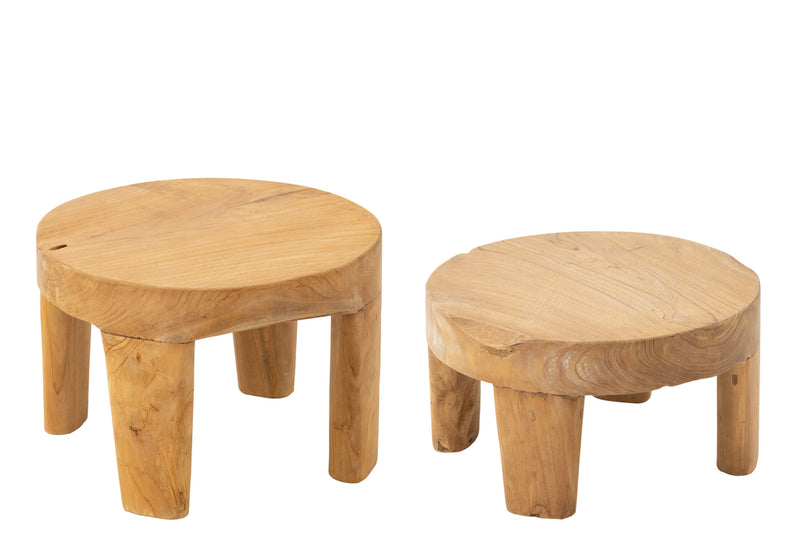 Set Of 2 Table Round Teak Wood Natural - Majorr