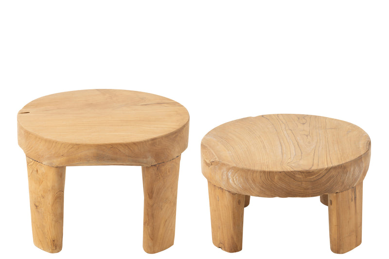 Set Of 2 Table Round Teak Wood Natural - Majorr