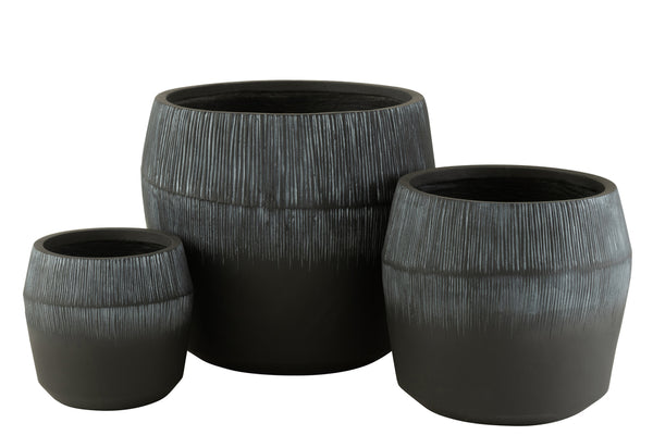 Set Of 3 Flowerpot Fiber Clay Black - Majorr