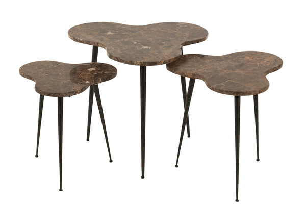 Set Of 3 Side Tables Bee Marble/Metal Brown/Black - Majorr