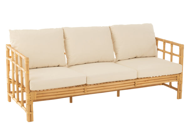 Canapé Elise + Coussin 3 Personnes Rotin/Textile Naturel/Blanc